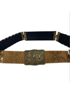 Brass Floral Buckle Studded Belt Metal Stretch Fish Scales Ornate Neutral M/32